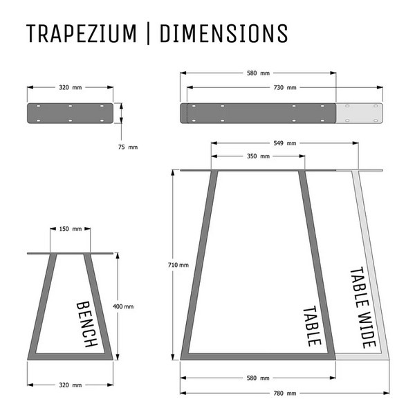 Trapezium Industrial Legs - Dimensions